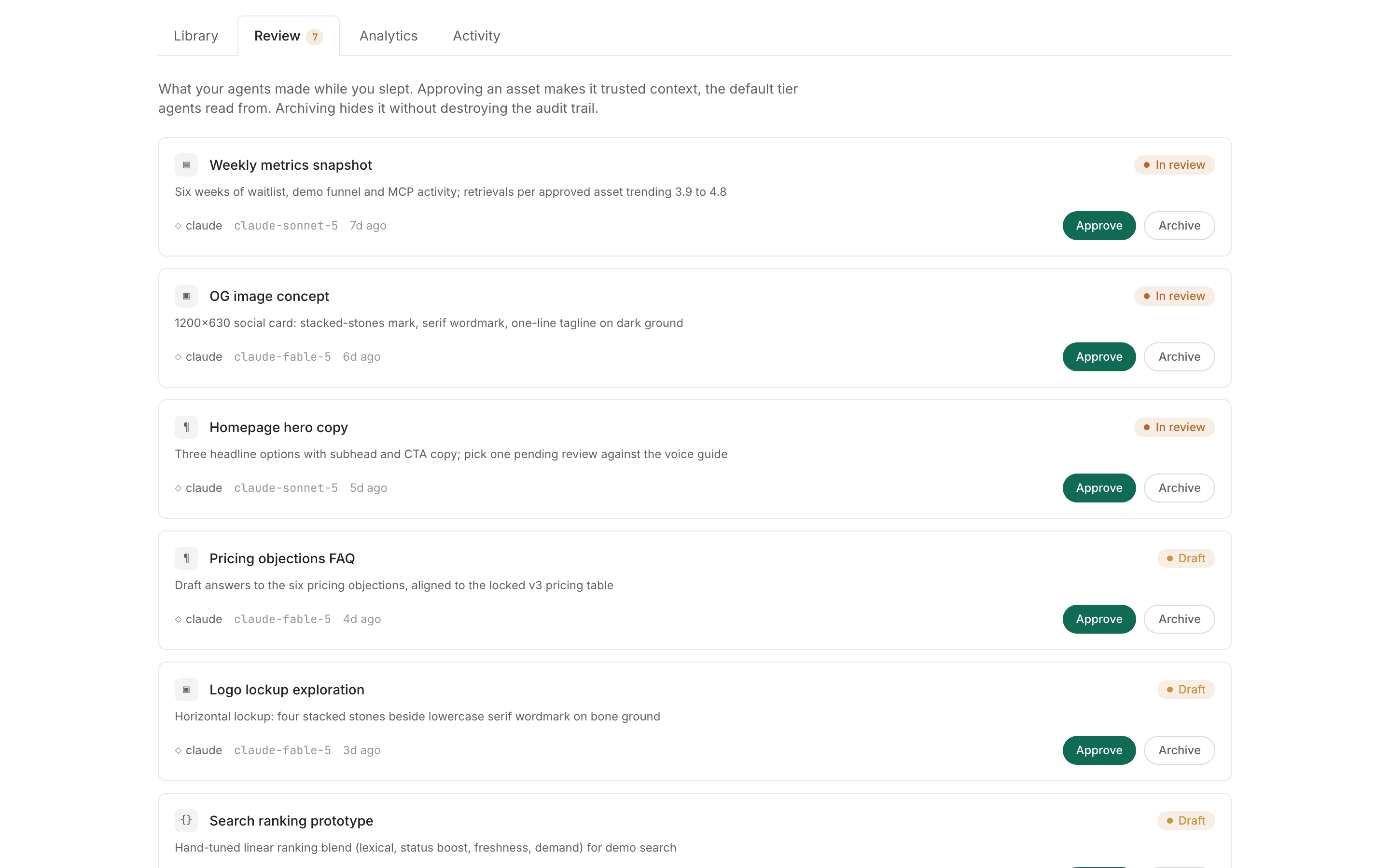 The Cairn demo: review queue with an agent-written draft awaiting approval
