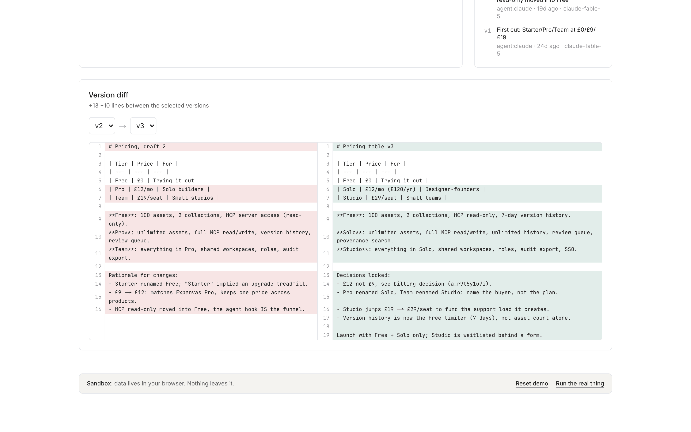 Side-by-side version diff of a pricing document in Cairn
