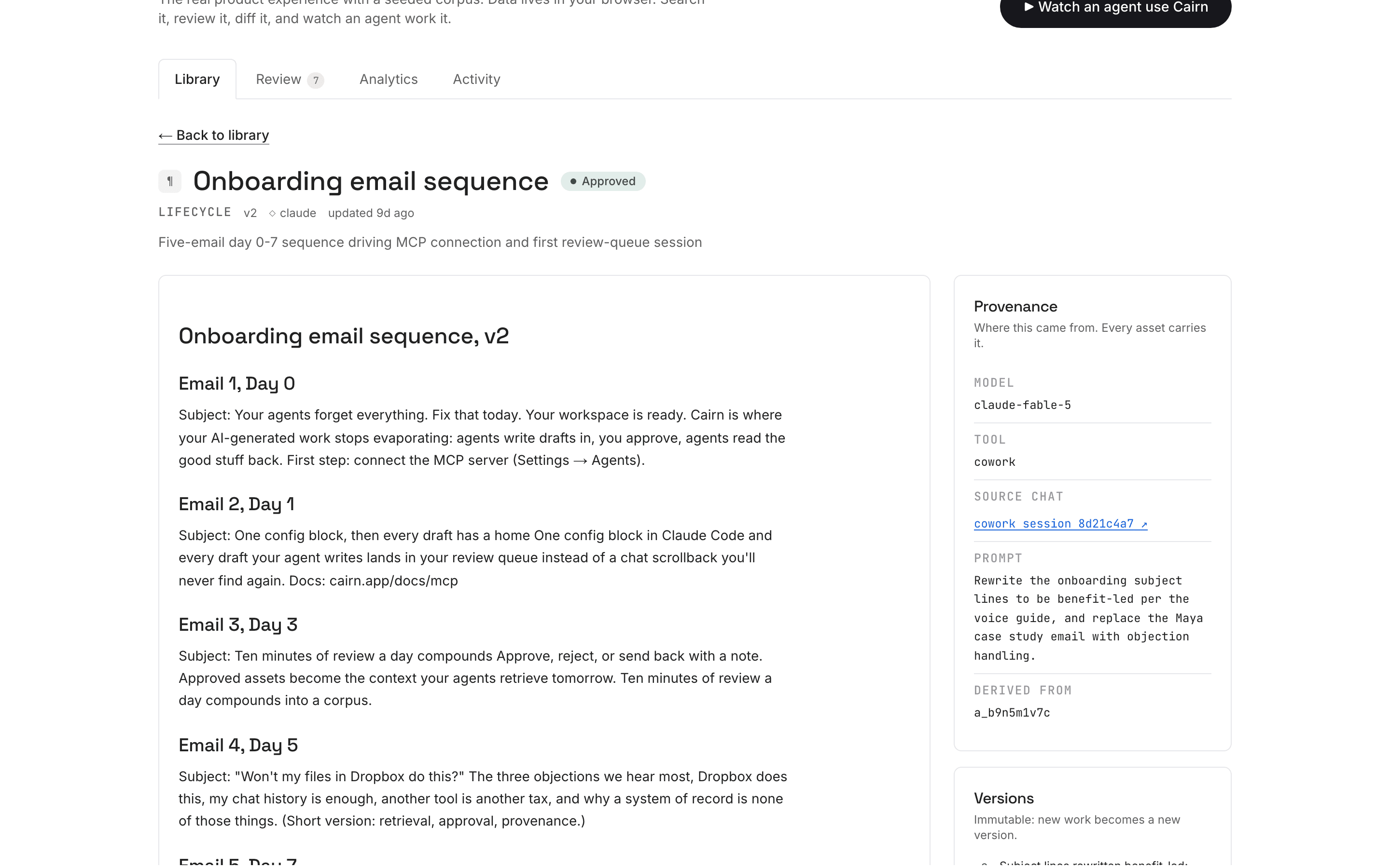 Provenance panel showing source chat, model, prompt and derivation links